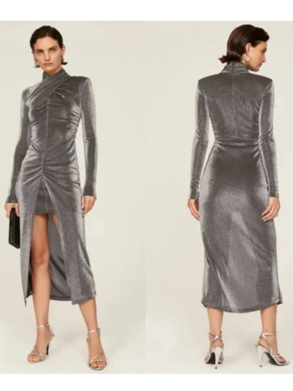 All Saints Ayla Dress Metallic Rouched  Silver Midi 2